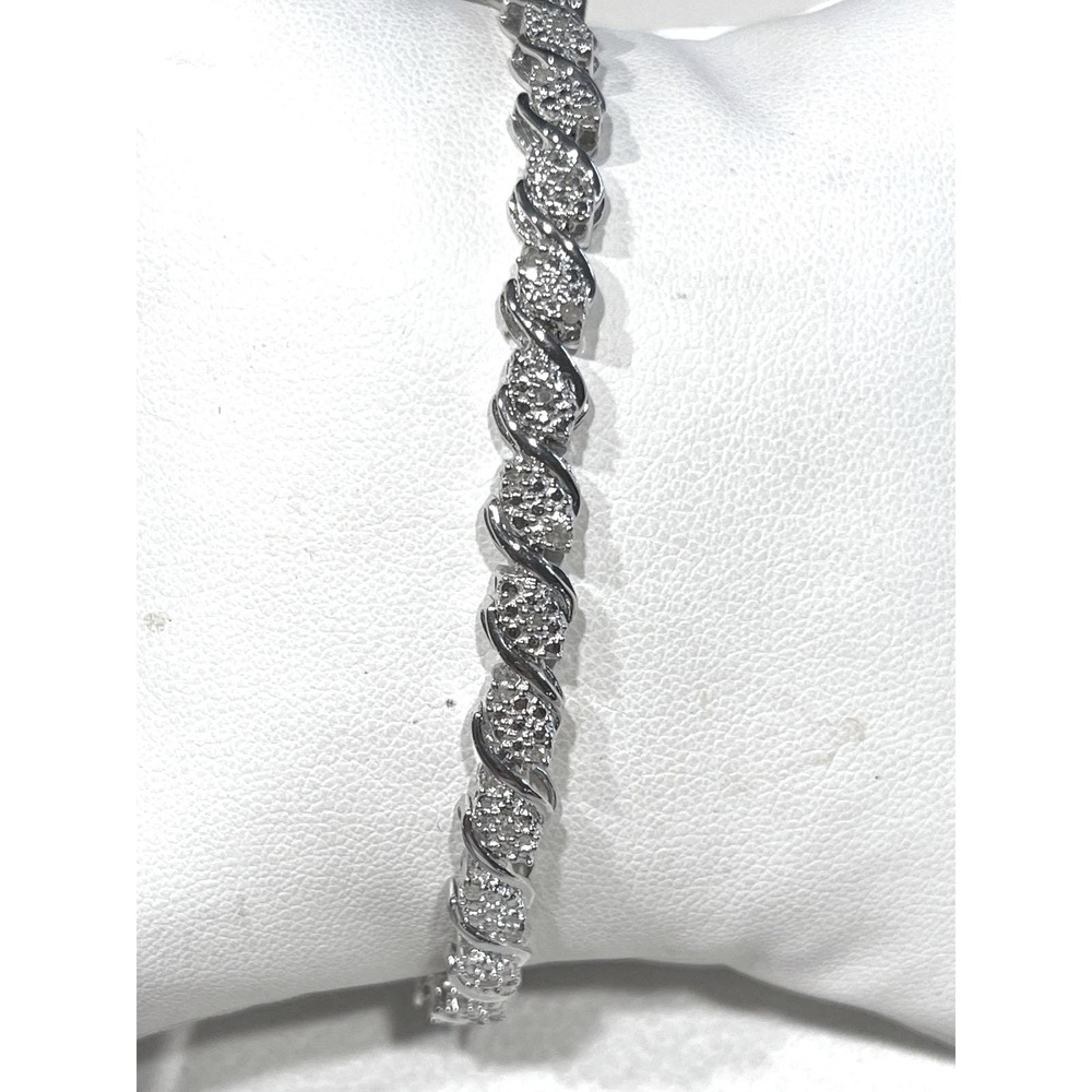 925 Sterling Silver Diamond Swirl Link Tennis Bracelet 7.5" 12g Estate Jewelry